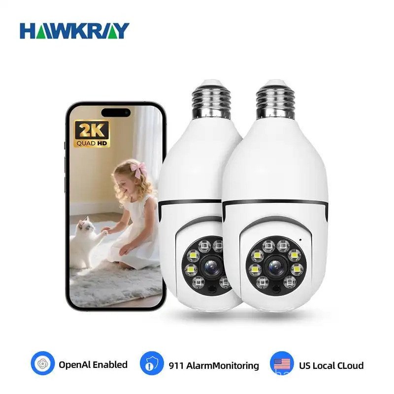 กล้อง AI อัจฉริยะ Hawkray, กล้องเฝ้าระวังหลอดไฟ 4MP, มุมมองระยะไกลมือถือ, 911 AlarmMonitoring 360° ก