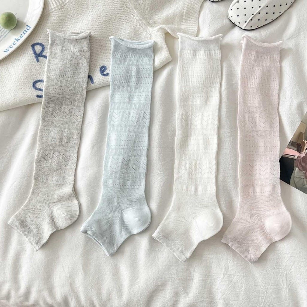 ฤดูร้อนบางผ้าฝ้ายแท้ดอกไม้กลวงสีทึบ Minimalist JK Toeless ถุงเท้าลูกวัวผู้หญิง