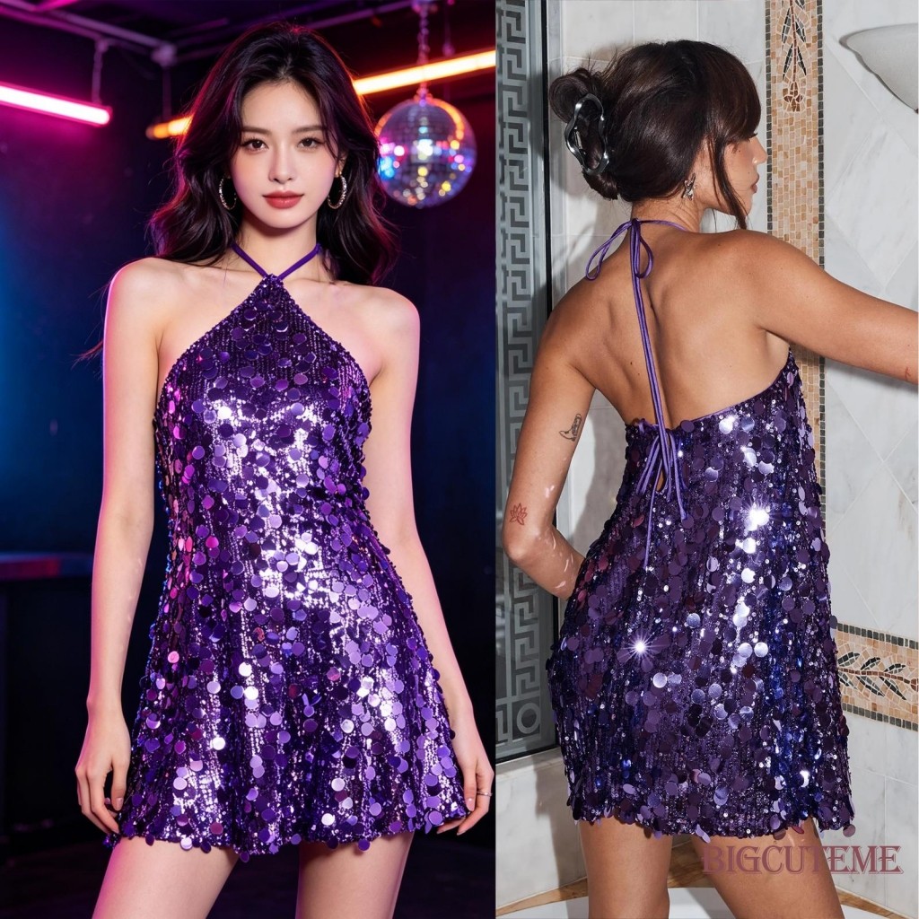 []-Sparkly Sequin Halter Mini Dress Backless Tie ปิด A-Line Silhouette Night Out Concert Wear