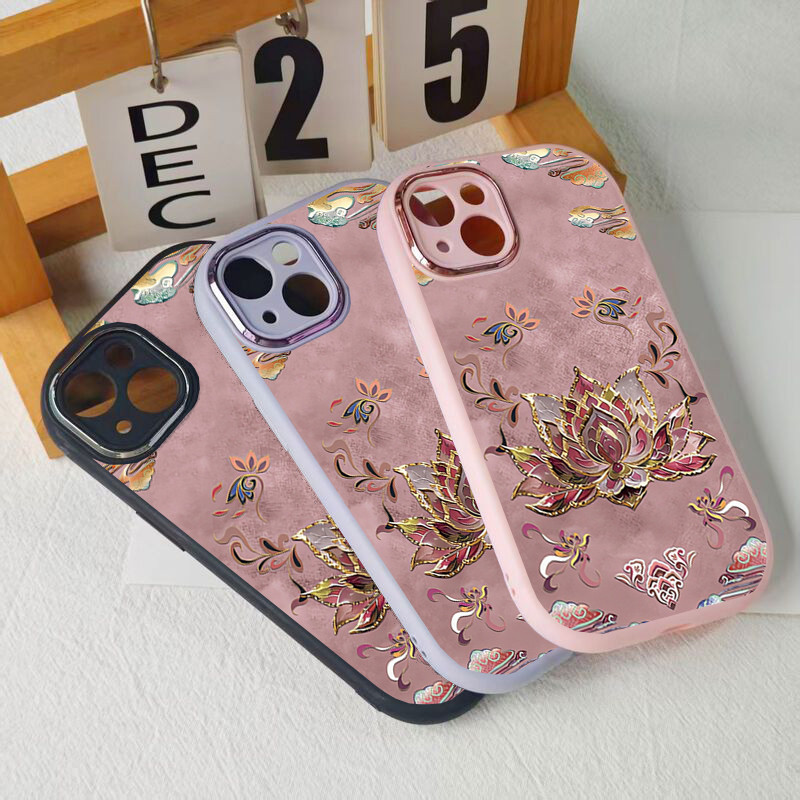 เคสดอกบัวศิลปะชุบทองหรูหราพื้นหลังสีชมพูสไตล์คลาสสิกiPhone 11/12/13/14/15/16/17 Pro Max