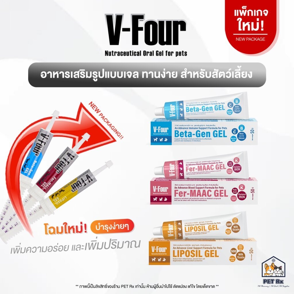 V-Four [แท้💯] ใหม่! เจลเสริมอาหารสำหรับสัตว์เลี้ยง Beta-Gen / Liposil / Fer-MAAC Gel 50 g. (vfour)