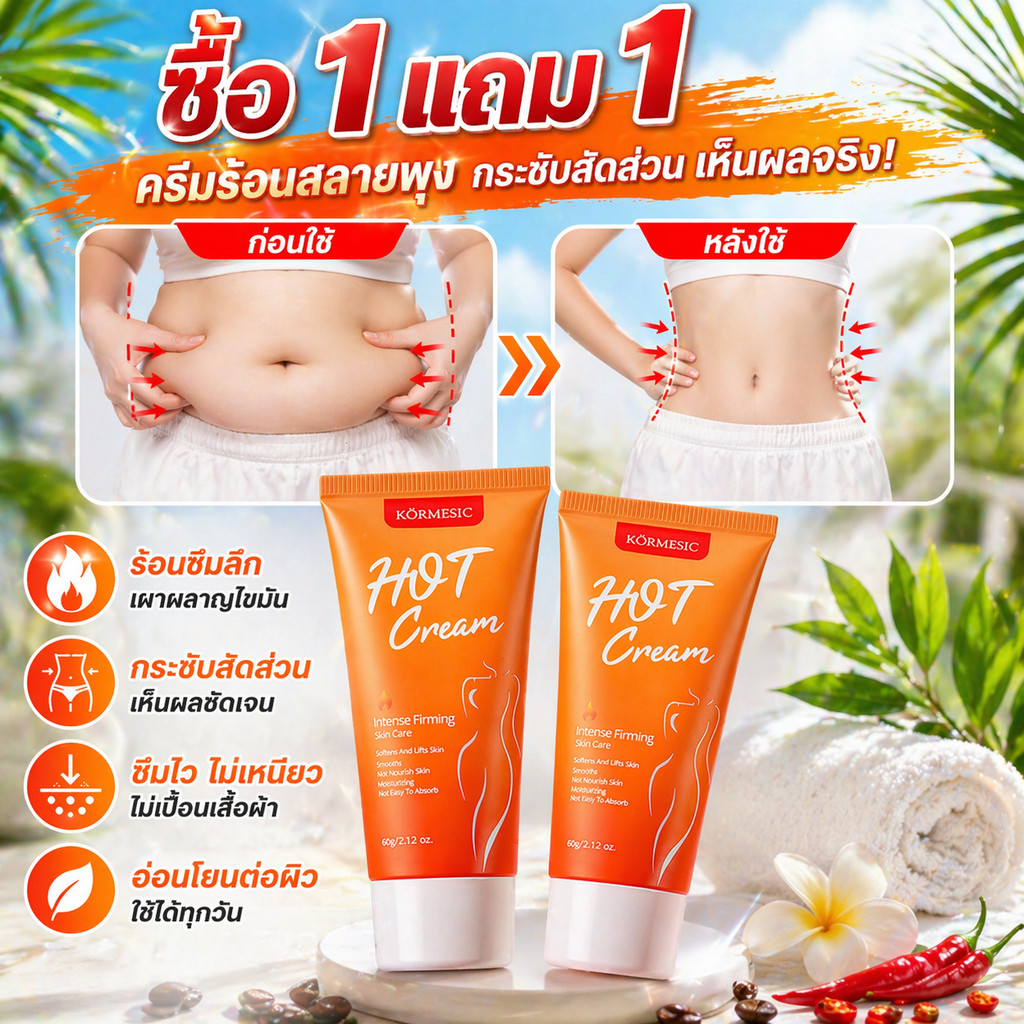[ซื้อ 1 แถม 1] ครีมลดความอ้วน Kormesic ช่วยลดไขมันหน้าท้องได้อย่างมีประสิทธิภาพ ร้อนเร็ว ซึมซาบเร็ว และไม่เหนียวเหนอะหนะ