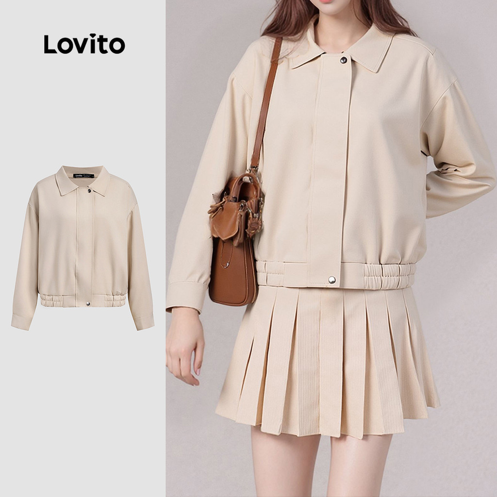 Lovito เสื้อกันลมลําลองสําหรับผู้หญิง กันน้ํา มีซิปและกระดุม LNA34140 สีแอปริคอท