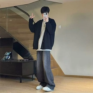 ญี่ปุ่นย้อนยุคลายเสื้อเย็บปลอมสองชิ้นเสื้อกันหนาวคาร์ดิแกนผู้ชายผู้หญิงฤดูใบไม้ผลิฤดูใบไม้ร่วงสีกรมท่าถักเสื้อแขนยาว