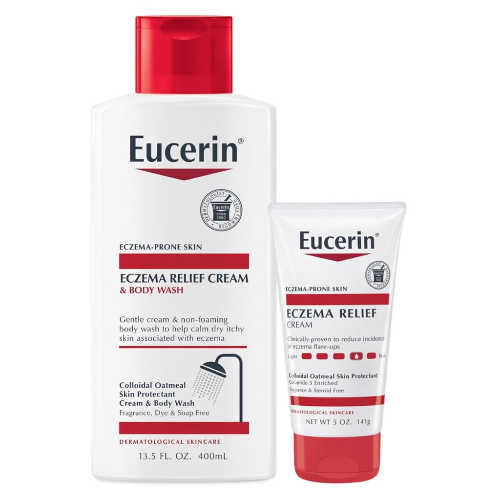 Eucerin Eczema Relief Cream and Body Wash (13.5 Fl Oz) + ครีมบรรเทาอาการปวดกลาก (5 Oz) ชุดดูแลผิวพร้