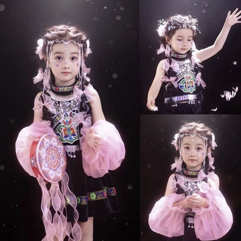 六一哈尼族公主裙儿童幼儿园男女苗族舞蹈表演演出服少数民族服饰4.28June 1st Hani Princess Dress for Children, Kindergarten Boys and G