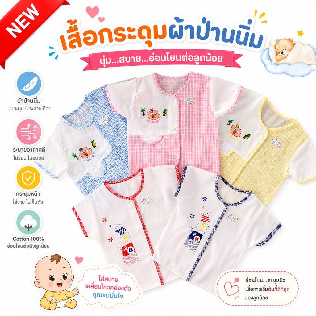เสื้อกระดุมหน้าทารกแรกเกิด ผ้าป่านแท้ นิ่ม เบาสบายเสื้อ เดี่ยว 1 ตัว เหมาะสมกับเพศชาย เเละหญิง