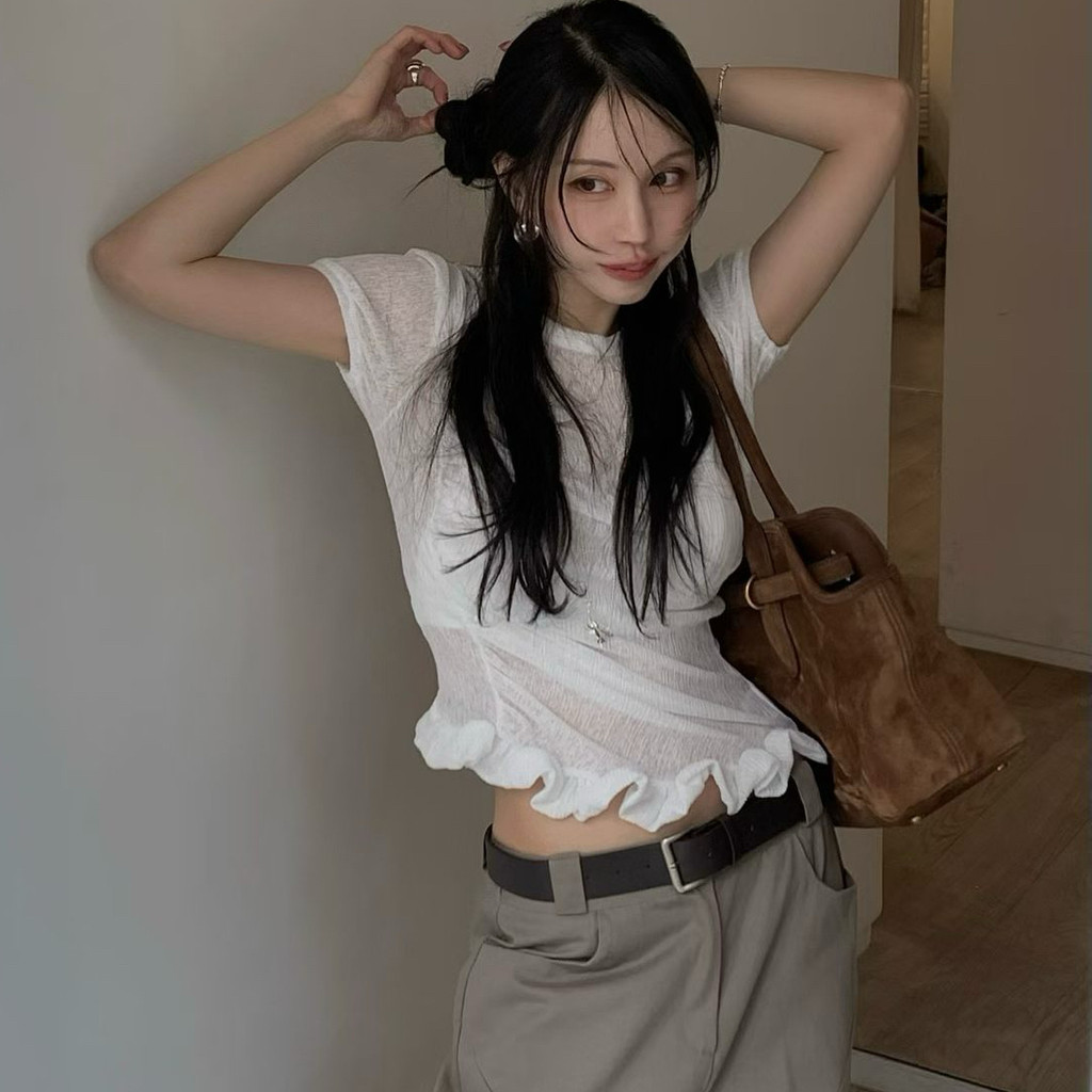 เกาหลีฤดูใบไม้ผลิฤดูร้อนผู้หญิงอเนกประสงค์หยิกจีบนัวเนียตัดแขนสั้นเสื้อยืด 260430