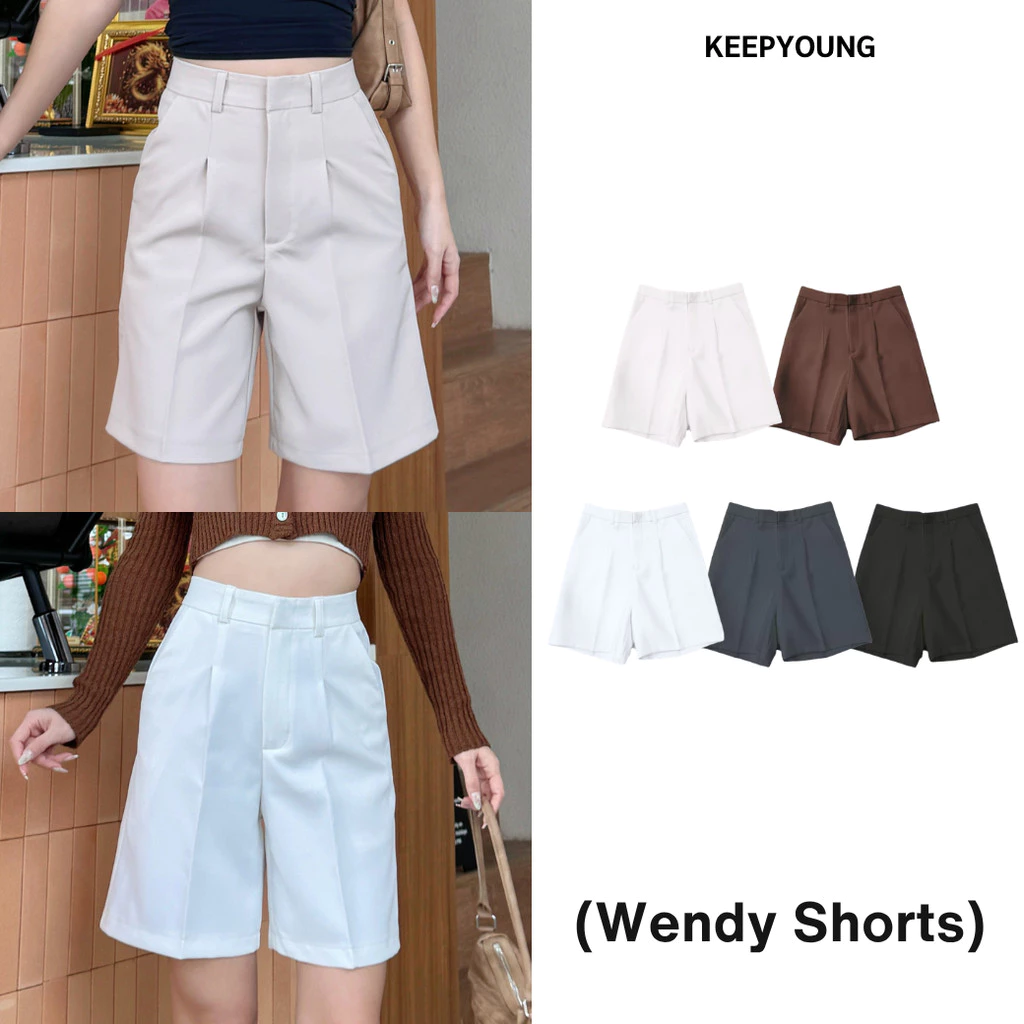 KEEPYOUNG [S-4XL] ขาสั้นกระบอกใหญ่สามส่วน เอวสูง ผ้าหน้า เบสิคไอเท็ม รุ่น WENDY SHORTS