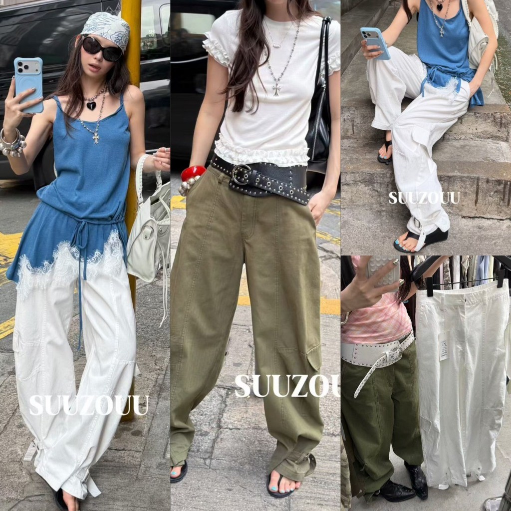 💖🎀 SU272 กางเกงขายาว แต่งกระเป๋า ปลายขาแต่งเข็มขัดรูด งานเก๋ทรงสวย แฟชั่นเกาหลี TAG MM Fish 💖🎀