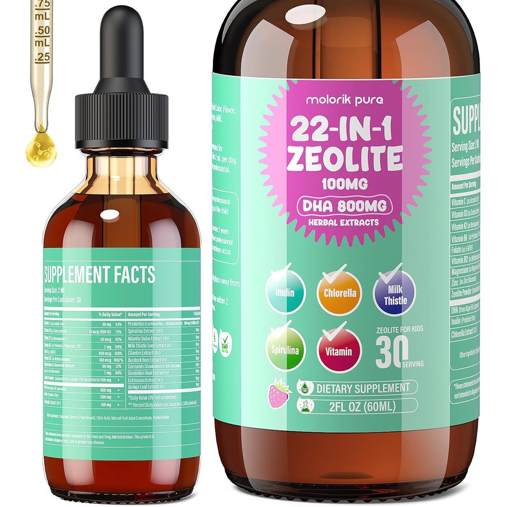 Zeolite สําหรับเด็กและ s, สมุนไพรพร้อม DHA 800mg, Inulin 500mg, Probiotics & Vitamin B12, D3, C, B6,