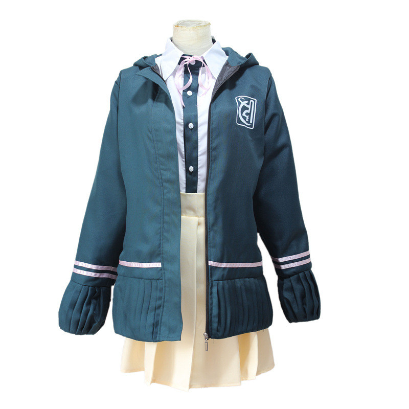 Danganronpa 2 Chihaya Chiaki cosplay costume, dark green hooded outfit, cosplay clothing, JK uniform
