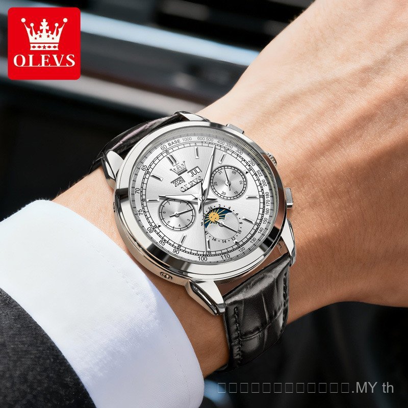OLEVS ยี่ห้อ 100% ของแท้ 7117 นาฬิกากลไกอัตโนมัติ Multi-Function Hollow นาฬิกาผู้ชายธุรกิจ