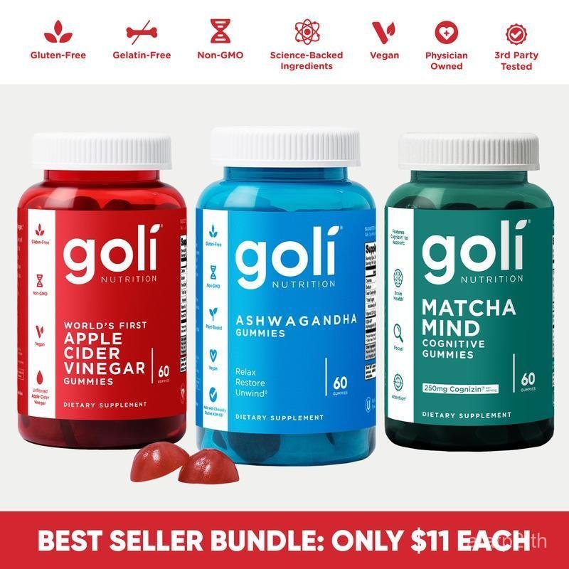 Goli สินค้าขายดี 3 ขวด: Ashwagandha KSM-66, Apple Cider Vinegar, อาหารเสริม Matcha Mind พร้อม Cogniz