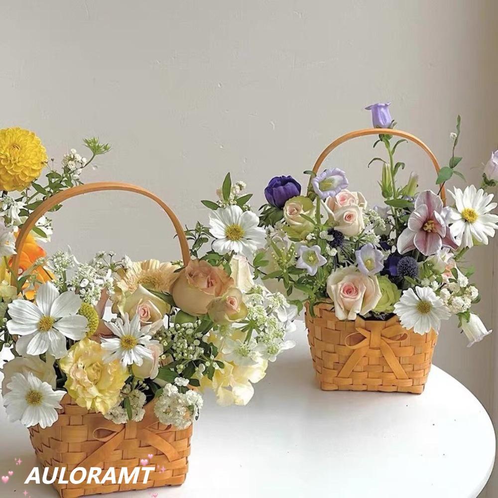 AULORAMT ตะกร้าดอกไม้เจ้าสาว,พร้อมที่จับปิคนิคคอนเทนเนอร์Bowknotตะกร้าดอกไม้,ทนทานทอมือWillowหวายSundry Organizerงานแต่งงาน