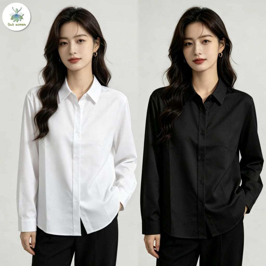 เสื้อเชิ้ตผู้หญิงแขนยาว ใส่ได้ทุกเพศทุกวัย สีขาวสีดำ กันรอยยับ ไม่รีดได้ ใส่ทำงาน สัมภาษณ์งาน คู่สูท เสื้อเชิ้ตผู้หญิง