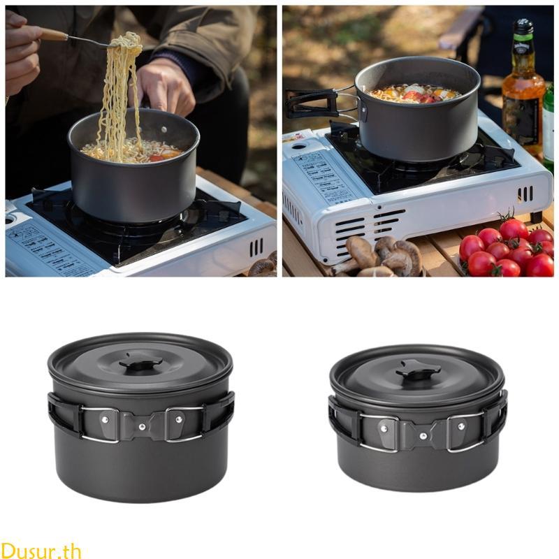 Dusur Camping Cook Pots พร้อมฝาปิดและด้ามจับพับกลางแจ้ง Cooking Pots Utensils