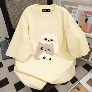 YOU-T🐆เสื้อแฟชั่น ใส่สบาย เสื้อยืดแขนสั้น ลาย เสื้อ"Three cats" ผ้านิ่ม OVERSIZE แฟชั่น ผ้าฝ้าย 100% สไตล์เกาหลี