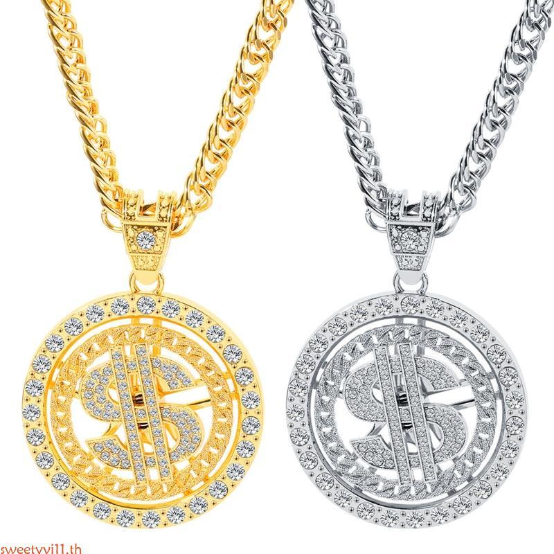 Sweetyvi1 Gold Silver Plated Chain สําหรับ w Dollar Sign จี้สร้อยคอ Old School Hip Hop Rotatable Dol