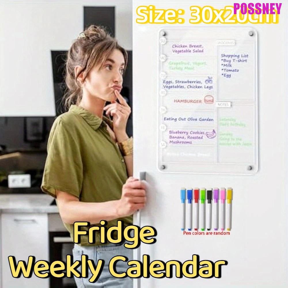 POSSNEY Magnetic Acrylic Weekly Planner, นํากลับมาใช้ใหม่โปร่งใสตู้เย็นปฏิทินรายสัปดาห์, ที่ถอดออกได