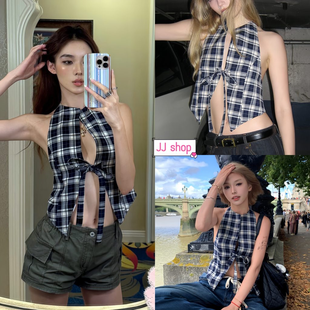 JJ Shop​💜เสื้อครอปแขนกุดลายสก็อตแฟชั่นสำหรับผู้หญิง เปิดไหล่ ดีไซน์คาร์ดิแกนผูกรัด เซ็กซี่ ผ้านุ่ม-FY5131