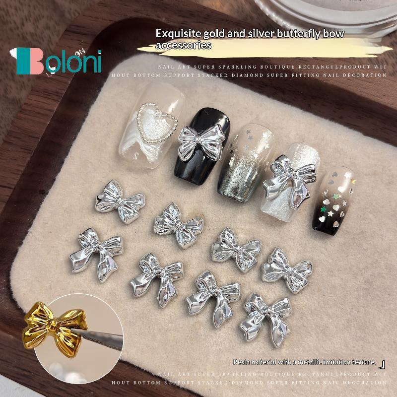 [Boloni] Gold Silver Bow Nail Charms 50 ชิ้นเรซิ่น Rhinestones ชุดสําหรับตกแต่งเล็บอุปกรณ์ร้านเสริมสวยใหม่