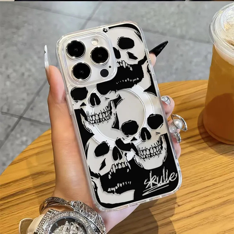 Hollow Skull โทรศัพท์มือถือ Soft Case ชาร์จแม่เหล็กเข้ากันได้ iPhone 16Pro 14Plus แฟชั่น 13pro 15Plus Creative 12ProMax 11 โปร่งใส 17PROMAX 15Pmax กันกระแทกกันกระแทกป้องกันกรณี