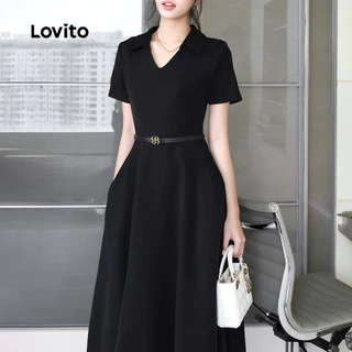 Lovito สง่างาม ชุดเดรสดำ ช่องใส่ของ คลาสสิก และอเนกประสงค์ สำหรับหญิงสาวในฤดูใบไม้ผลิ/ฤดูร้อน L138ED216