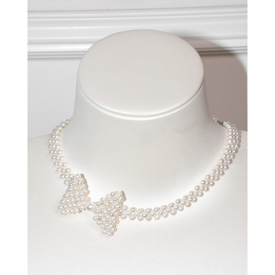 4A Freshwater Round Necklace in Silver 925 WG Plated - bowknot necklace - White (3 -6mm)