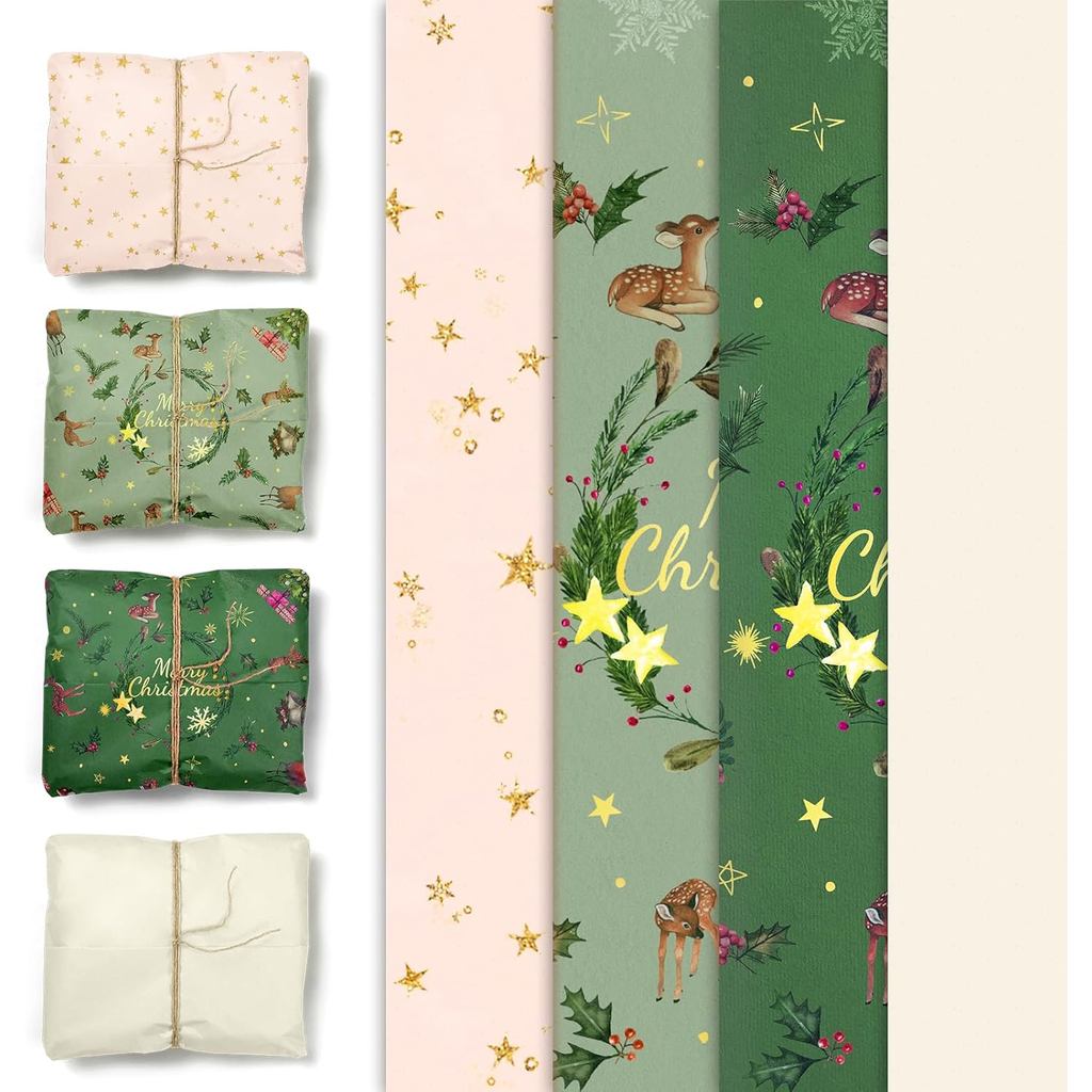 NICROHOME EUR กระดาษห่อเนื้อเยื่อคริสต์มาสสําหรับถุงของขวัญ, 24 แผ่นสีเขียวสีชมพูงาช้างกระดาษห่อของข