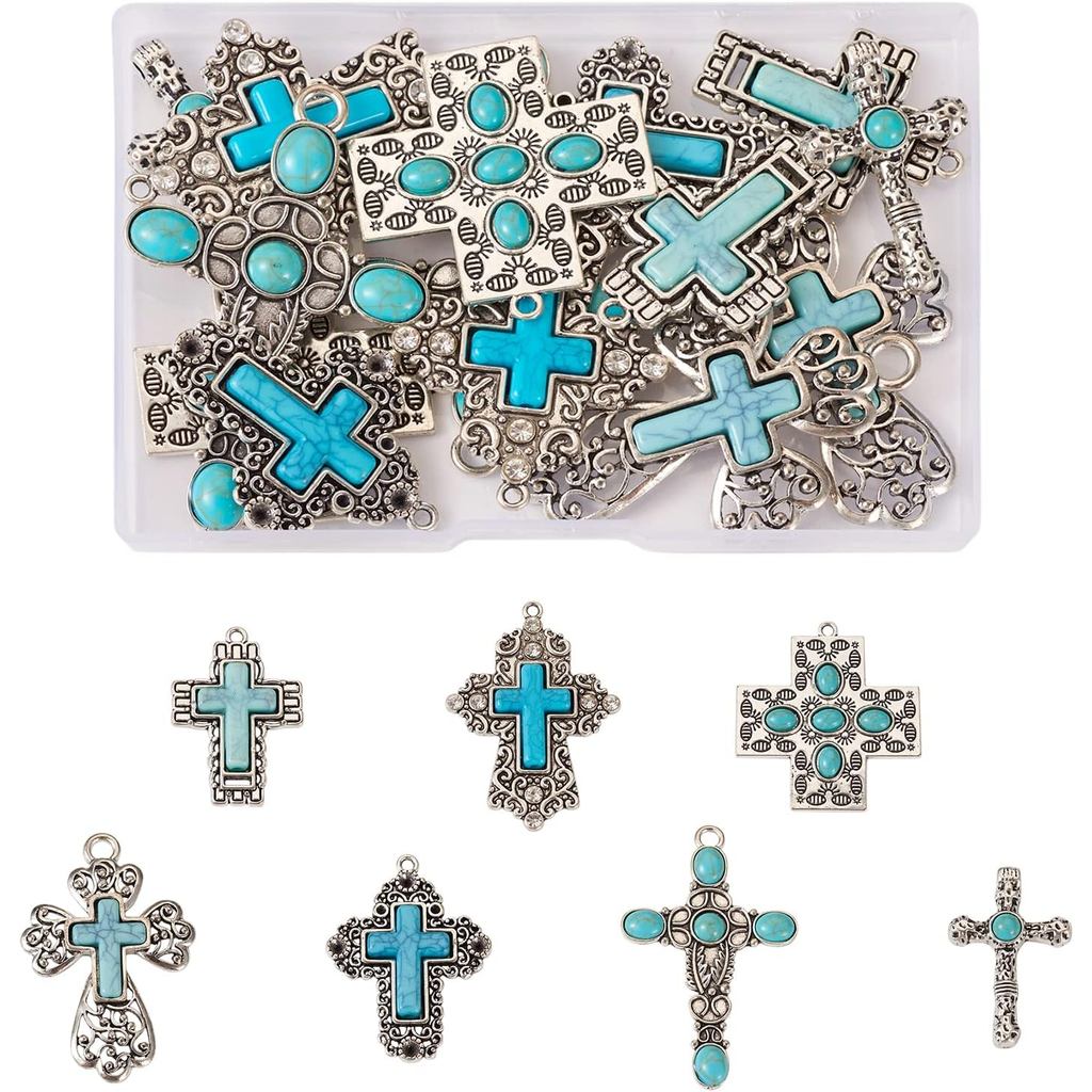 พวงมาลัยหยกสีเขียวฟ้าและเครื่องประดับ.Cross Bohemian สำหรับผู้หญิงและผู้ชาย