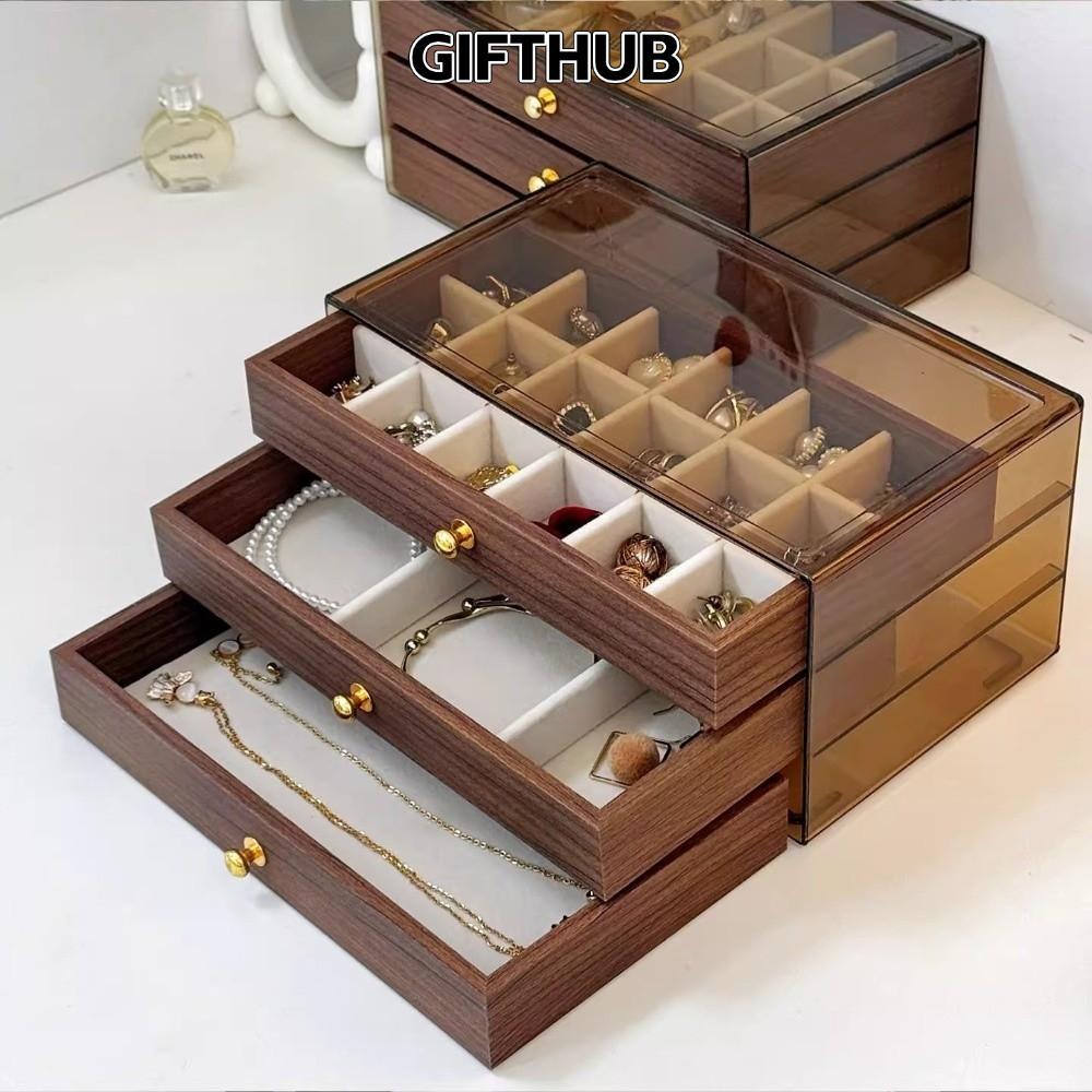 GIFTHUB ของขวัญฮับ ที่เก็บเครื่องประดับ ,หลายชั้นความจุขนาดใหญ่กล่องเครื่องประดับไม้,หน้าต่างโปร่งใสสแควร์ออกแบบสามชั้นลิ้นชักสร้อยคอออแกไนเซอร์แสดงเคร