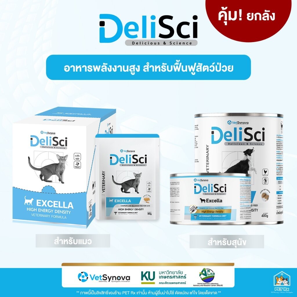 [ยกลัง!] DeliSci: Excella [แท้ ] อาหารฟื้นฟูสําหรับสัตว์ป่วย ขาดสารอาหาร และพักฟื้นหลังการผ่าตัด ที่ต้องการพลังงานสูง