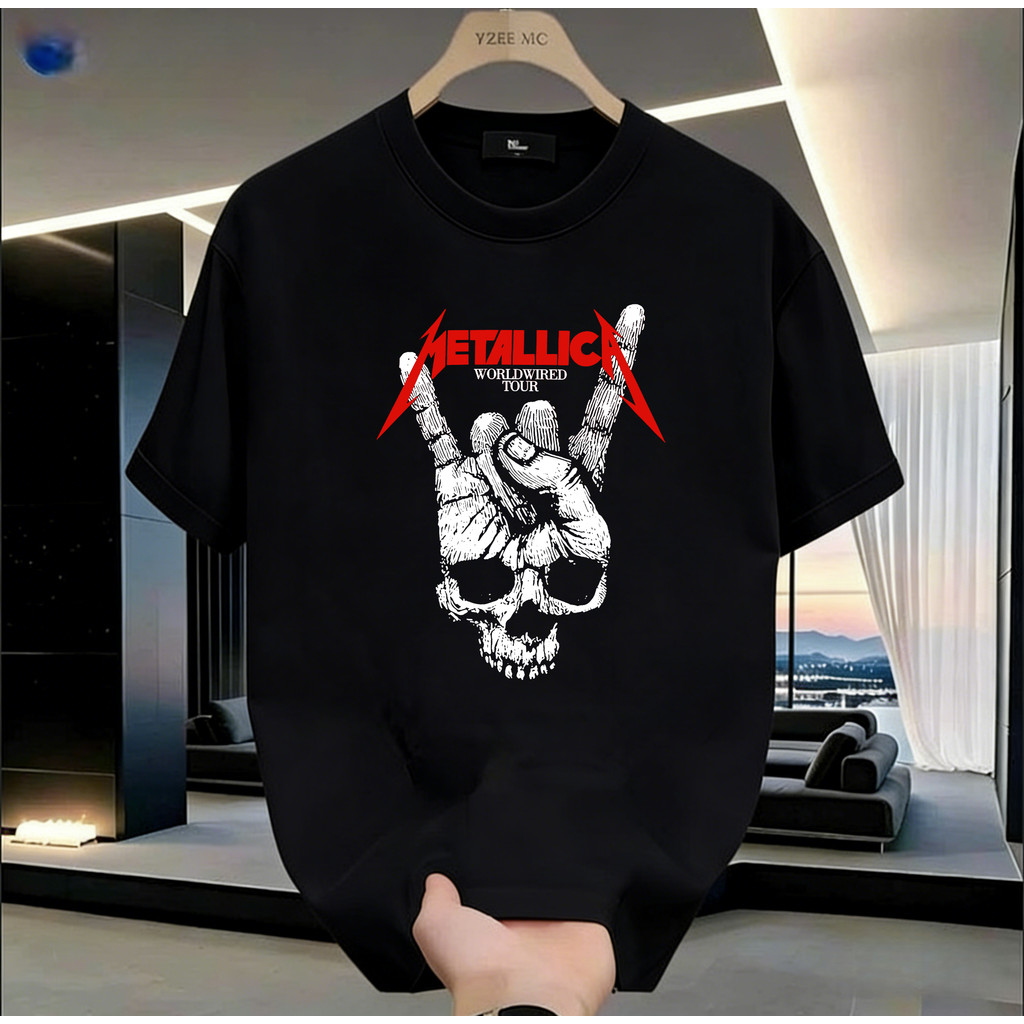 คลาสสิก Rapid โลหะ Metallica Skull Rock Gesture WorldWired Tour ที่ระลึกแขนสั้นเสื้อยืด High Street สวมใส่หลวมเสื้อยืด Heavy Metal Music Lovers Plus ขนาดด้านบน