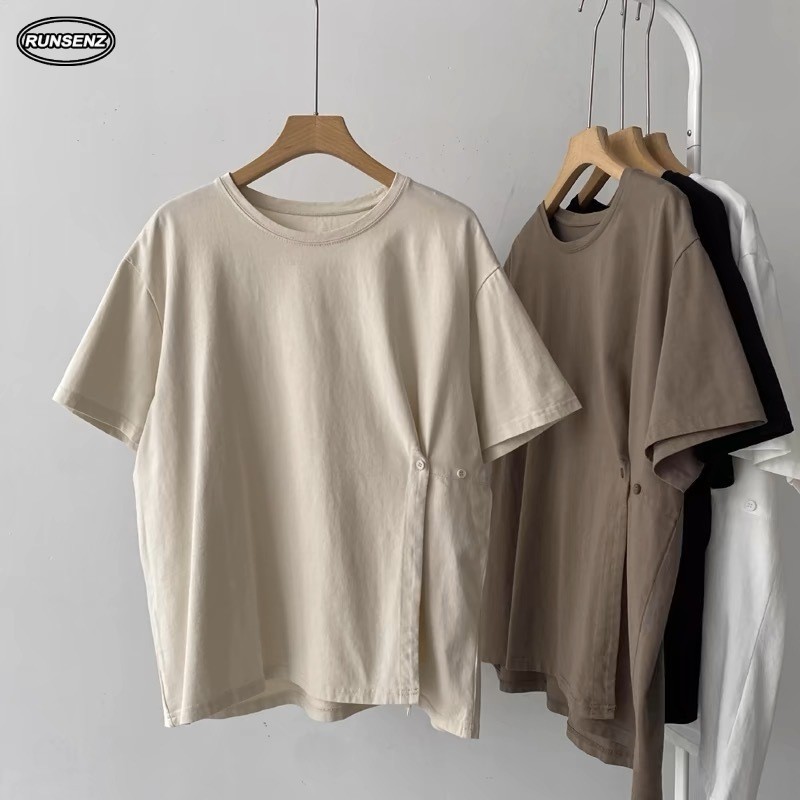 เสื้อยืดผ้าฝ้ายสำหรับผู้หญิงไซส์พิเศษ M-4XL ดีไซน์เรียบง่าย มีซิปด้านข้างสำหรับความสะดวกในการสวมใส่