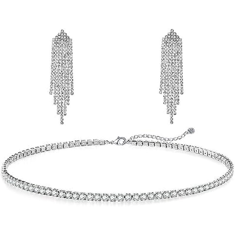 Tennis Necklace Bracelet for Women, Sterling Sliver, Dainty Chocker Necklace, Crystal Bracelet for W
