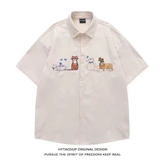 เสื้อเชิ้ตผู้ชายแขนสั้น อเมริกันย้อนยุค สไตล์วิทยาลัย