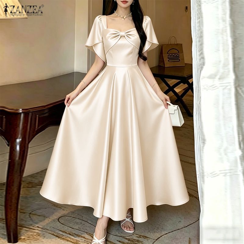 ZANZEA ผู้หญิงเกาหลีชุดราตรีอย่างเป็นทางการสแควร์คอกลีบแขน Bowknot Design A-Swing Dresses — صورة 5