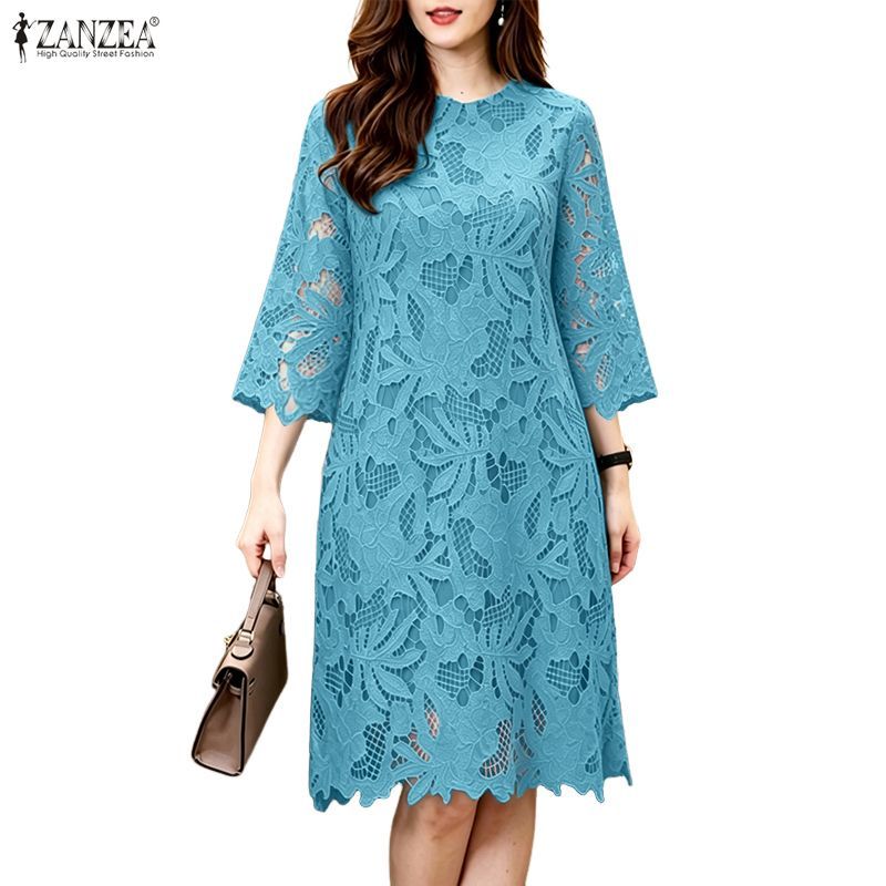 ZANZEA ผู้หญิงเกาหลี Elegance คอลูกเรือหรูหรา 3/4 แขนบานลูกไม้โครเชต์ Midi ชุดตรง