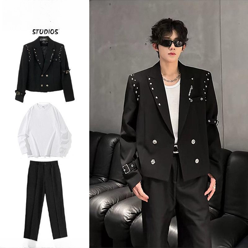 High-End Rivet Design สั้นชุดเล็กชายฤดูใบไม้ผลิฤดูใบไม้ร่วง Niche อินเทรนด์ Double-Breasted Laced-Up เสื้อสูท
