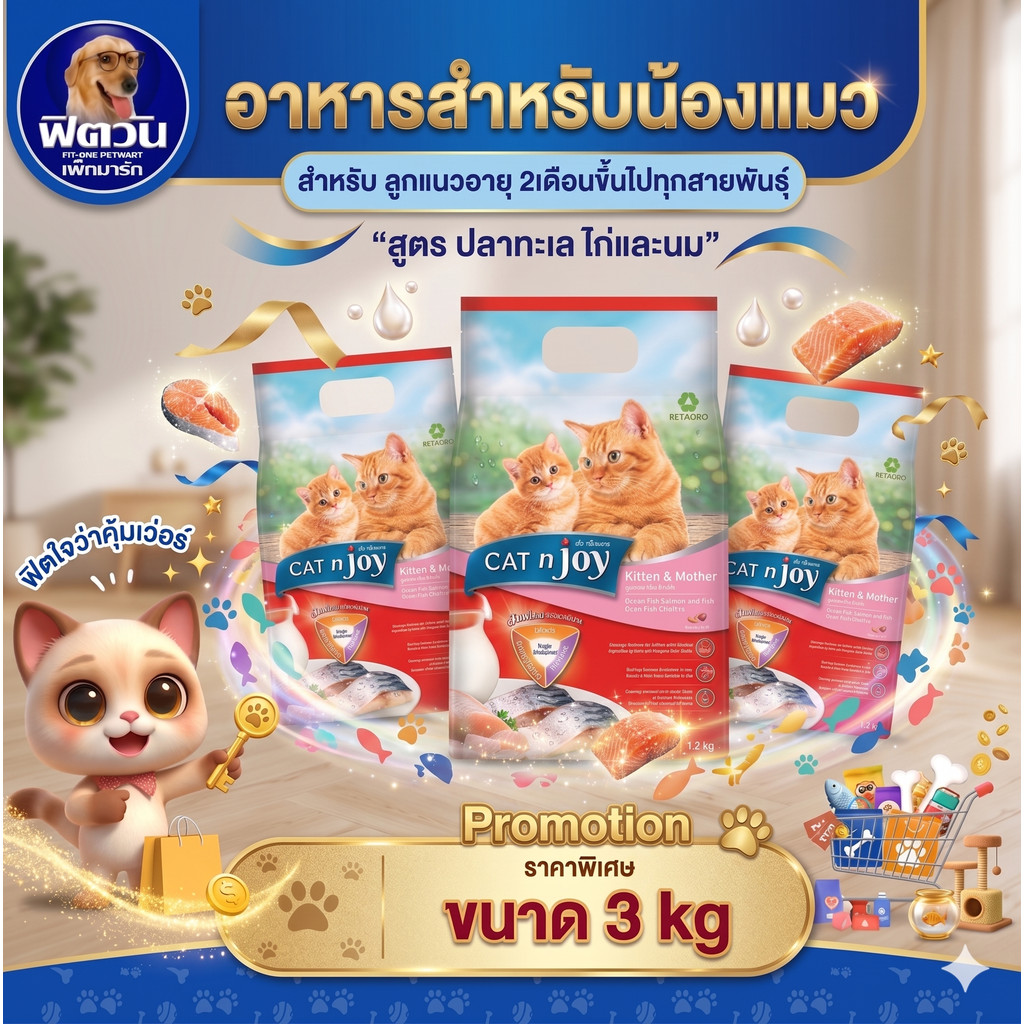 CATnJoy Kitten & Mother อ.ลูกแมว 2 12 เดือน รสปลาทะเล ไก่และนม 3 กิโลกรัม{อาหารแมวเม็ด}