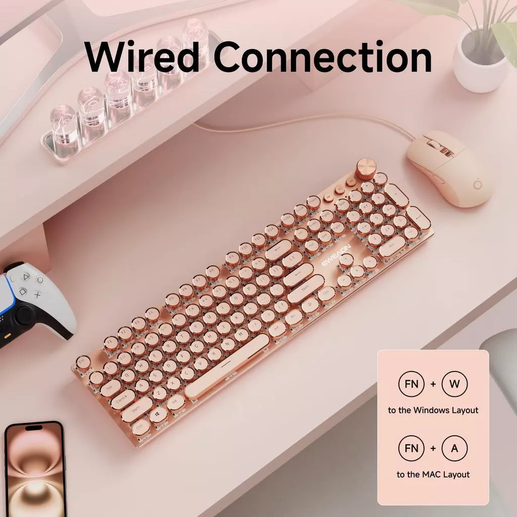 EWEADN คีย์บอร์ดและเมาส์ Combo สไตล์เครื่องพิมพ์ดีด 104 คีย์ มีไฟ LED thumbnail 6