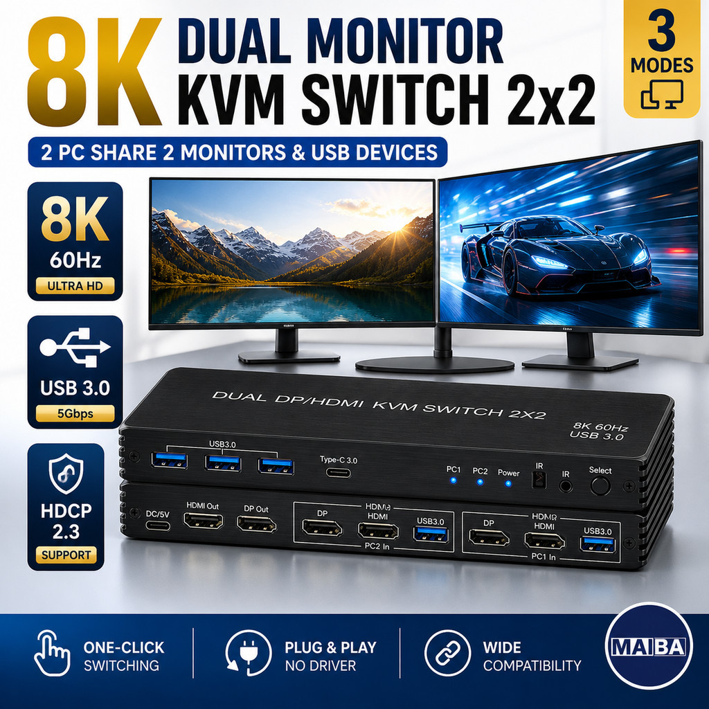 8K 60Hz Dual Monitor HDMI DP KVM Switch 2 in 2 out 4K 120Hz USB3.0 2x2 KVM Switch สําหรับ 2 PC 2 Mon