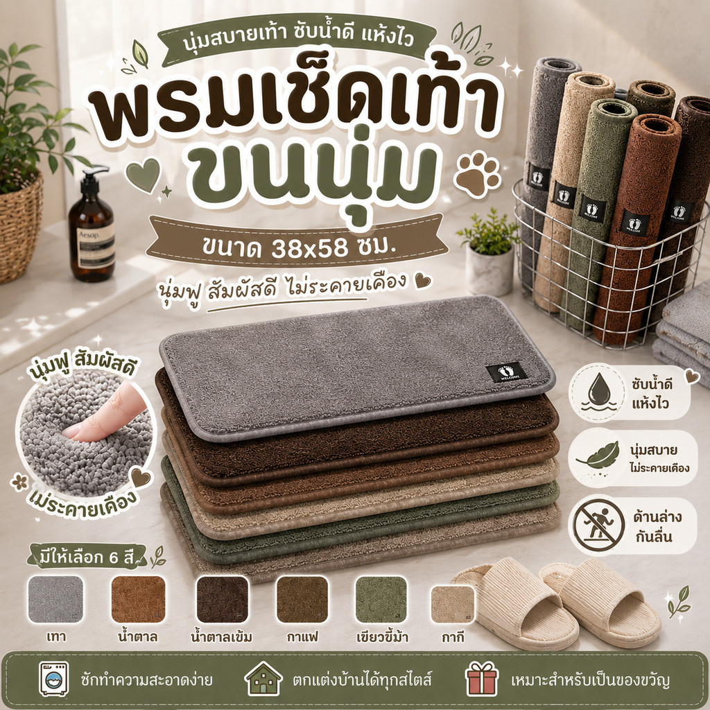 พรมเช็ดเท้าขนนุ่มพิเศษ ซับน้ำดี นุ่มสบายเท้า 38x58 ซม. มีหลายสีให้เลือก