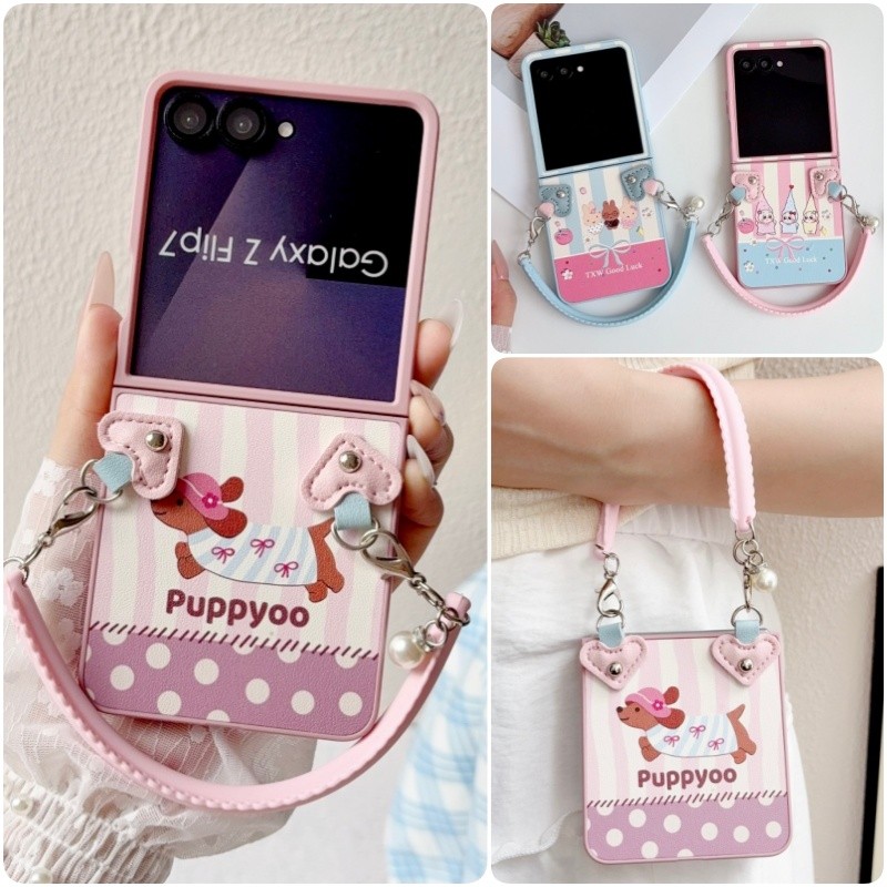 SAMSUNG  น่ารักการ์ตูนสุนัขหนังปลอกFundaสําหรับSamsung Galaxy Z Flip 7 Flip 6 Flip 5 4 กรณีซิลิโคนเชือกเส้นเล็กฝาครอบป้องกันFlip7 Flip6