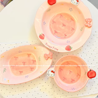จานขนม เซรามิค insลายโบว์🎀kittyแอปเปิ้ล🍎 พร้อมส่ง