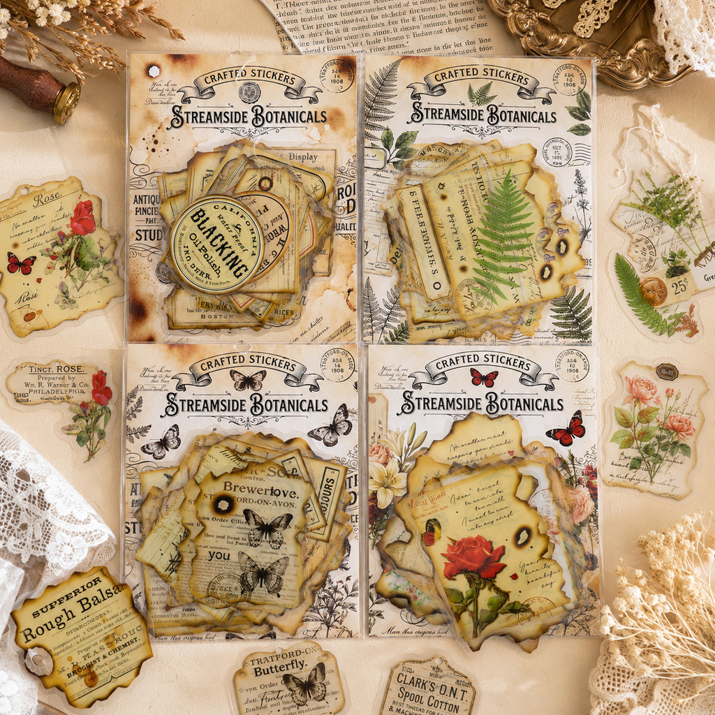 Journamm 30 ชิ้น Vintage ดอกไม้พฤกษศาสตร์ Butterflaies สติกเกอร์ PET วัสดุสําหรับ Scrapbooking Junk Journal ความงามสติกเกอร์