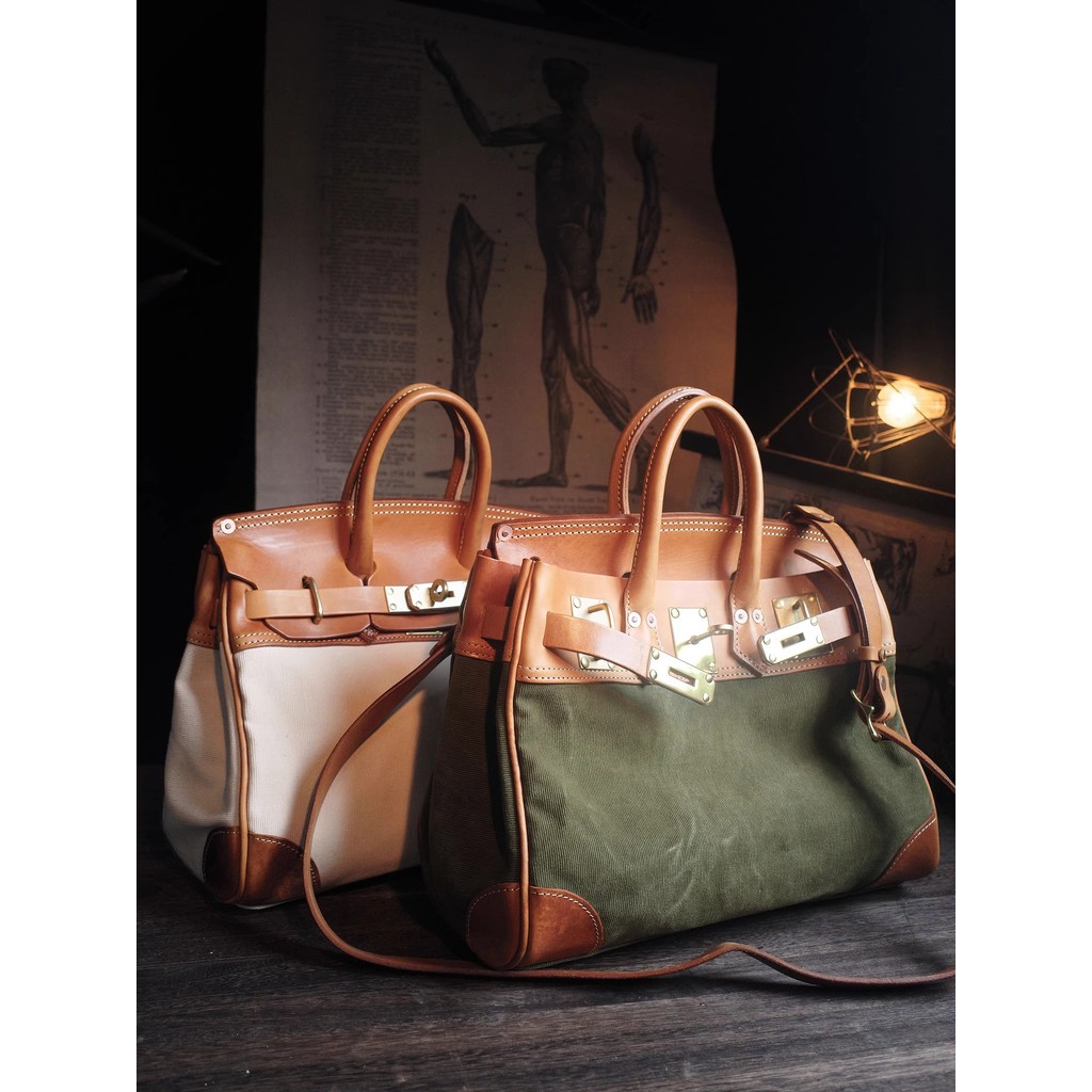 Vintage Heavy Ami Khaki Handmade Cowhide Canvas Niche Portable Platinum Bag Shoulder Kelly Bag Trave