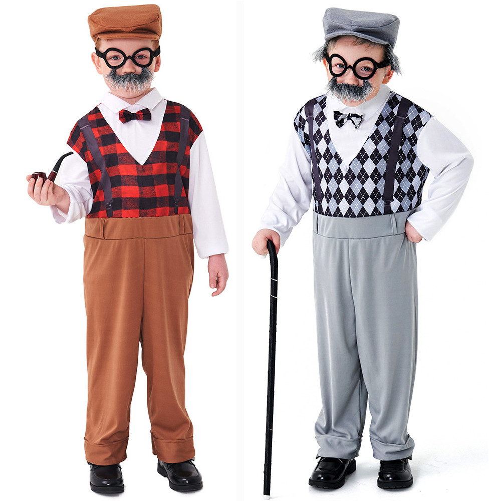 เก่าจับเวลาเด็ก Old Man Grandpa เครื่องแต่งกายชุดสําหรับชายเด็กแขนยาว 2-4T 4-6Y 6-8Y 8-10Y /n46