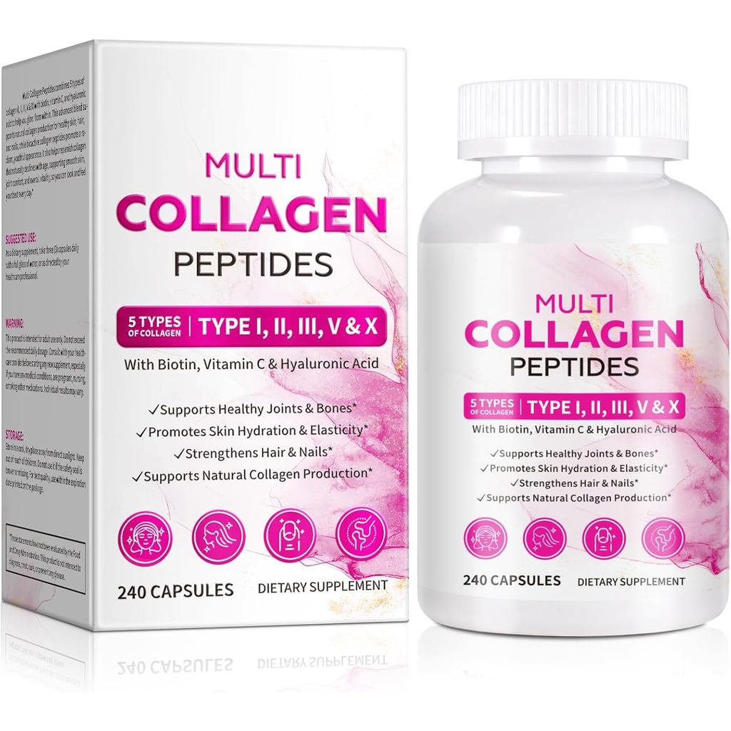 Multi Collagen Peptides Capsules with Biotin, Vitamin C & Hyaluronic Acid – 5 Types Collagen I, II, 